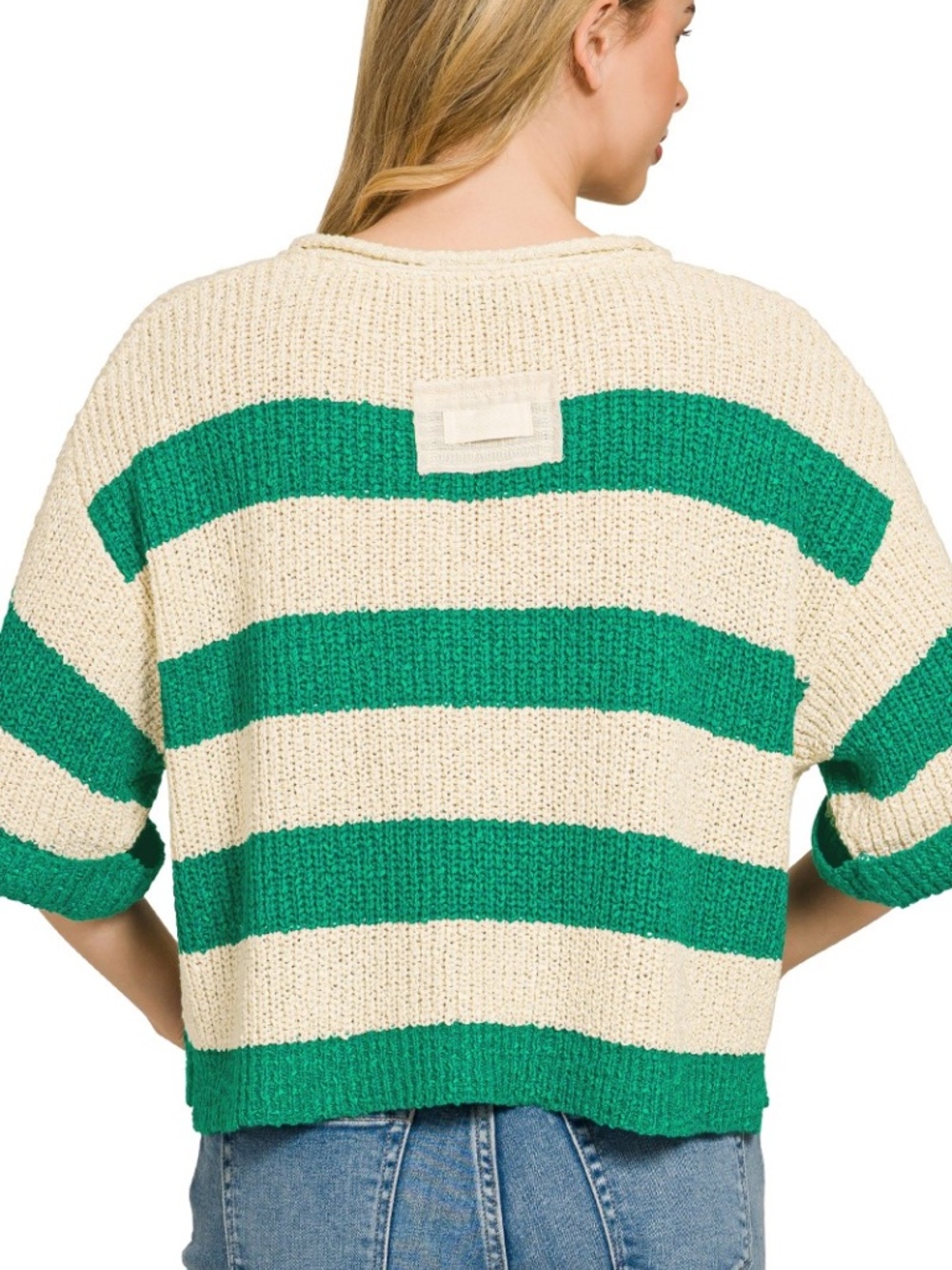 Cozy Striped Print Notched neck Short Sleeve Loose fit top - Picture 3 of 4